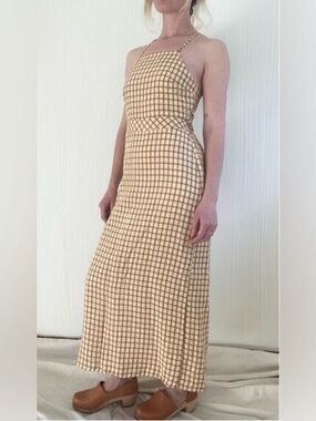 ZARA Linen Gingham Square Bust Summer Backless Midi Dress US SMALL